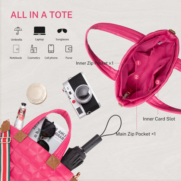 Padded Tote Handbag with Zipper, Lightweight Crossbody Hobo With Strap -Rose