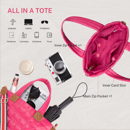 Padded Tote Handbag with Zipper, Lightweight Crossbody Hobo With Strap -Rose