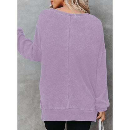 Womens Waffle Knit Crewneck Sweatshirts Long Sleeve Side Slits Casual Pullover Sweatshirt Tops