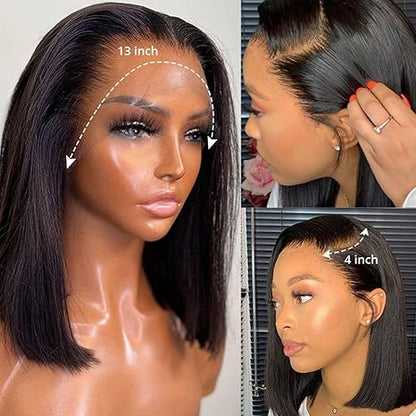 13x4 Lace Front Human Hair Bob Wig, Straight Natural Color Wig With 150 Percent Density
