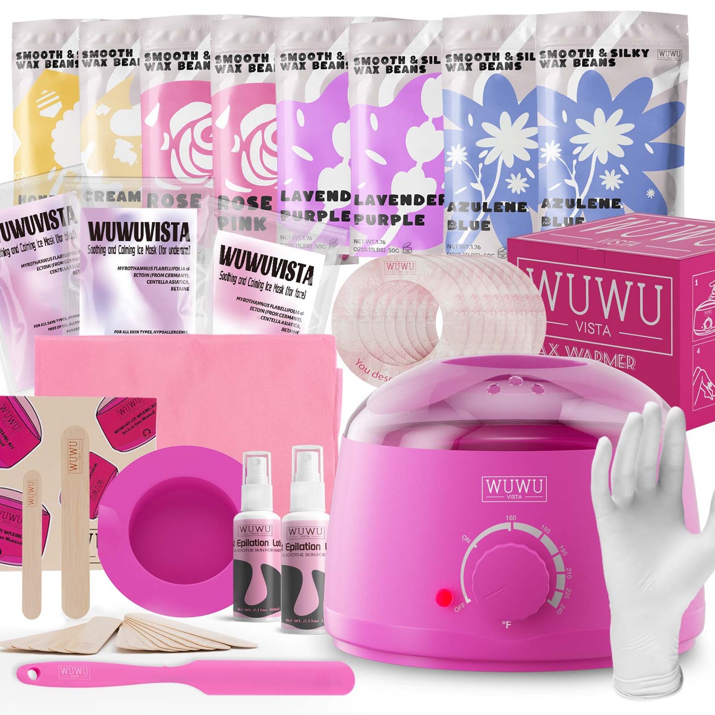 Waxing Kit WUWUVISTA 69 Items Hair Removal Wax Kit With Wax Warmer Waxing Beads For Face, Brazilian, Full Body, Bikini, Sensitiive Skin Skin Suitable For Plugs Of American, European Specification
